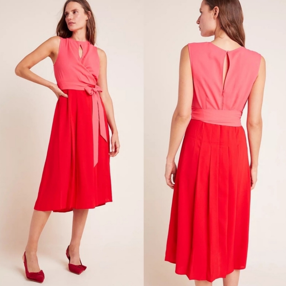 NWT MARE MARE x Anthropologie Pietra Red Pink Colorblock Wrap Top Midi Dress M